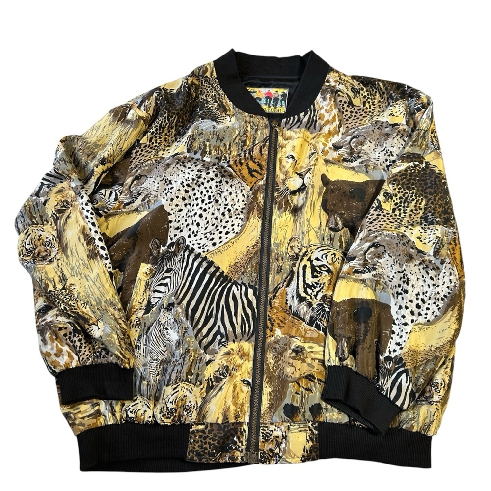 VINTAGE ATLANTIC BEACH Safari ANIMAL ALL OVER PRINT SILK JACKET Size‎ L